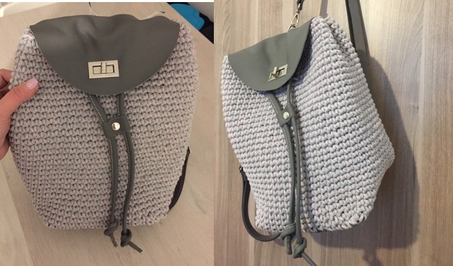 Háčkovaný batoh s koženými doplnkami